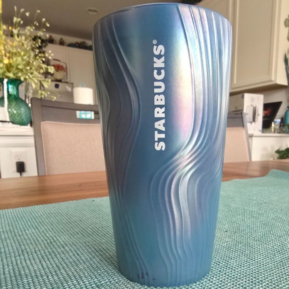 Starbucks 2022 Blue Teal Iridescent Waves Ceramic Tumbler 12 Oz Pink Lid